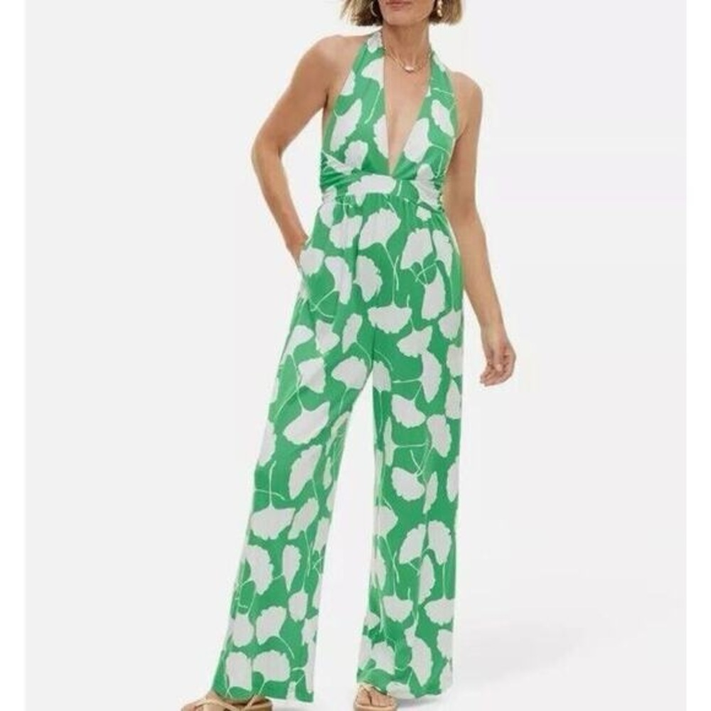 Diane Von Furstenberg Green and White Leaf Print Jumpsuit
